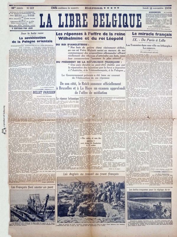 La libre Belgique 1939 1113 zeitung zweiter weltkrieg krieg