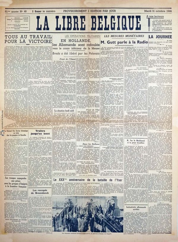 La libre Belgique 1944 10 31 journal seconde guerre mondiale