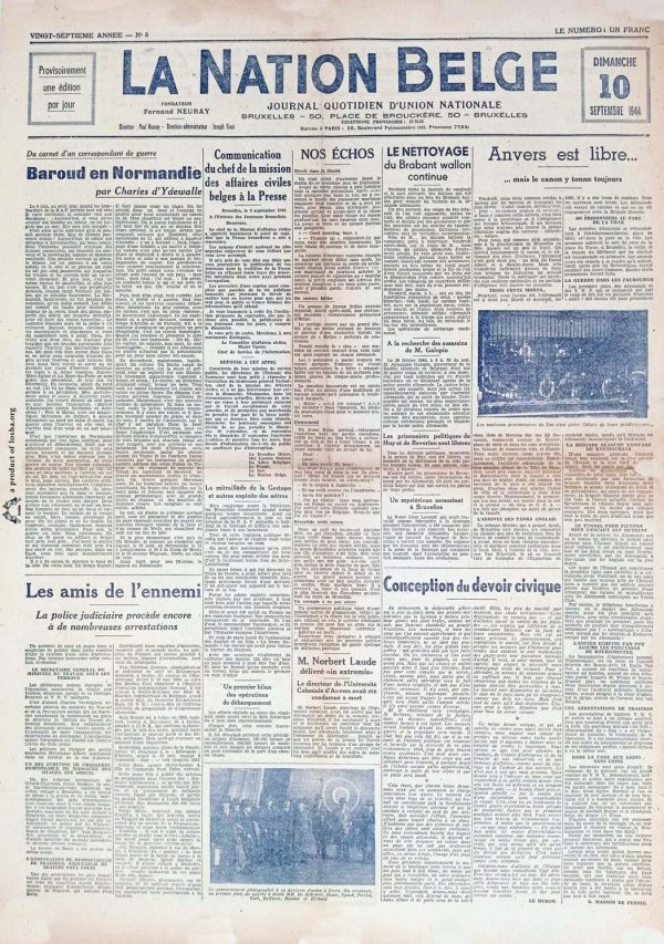 La nation Belge 1944 09 10 newspaper second world war